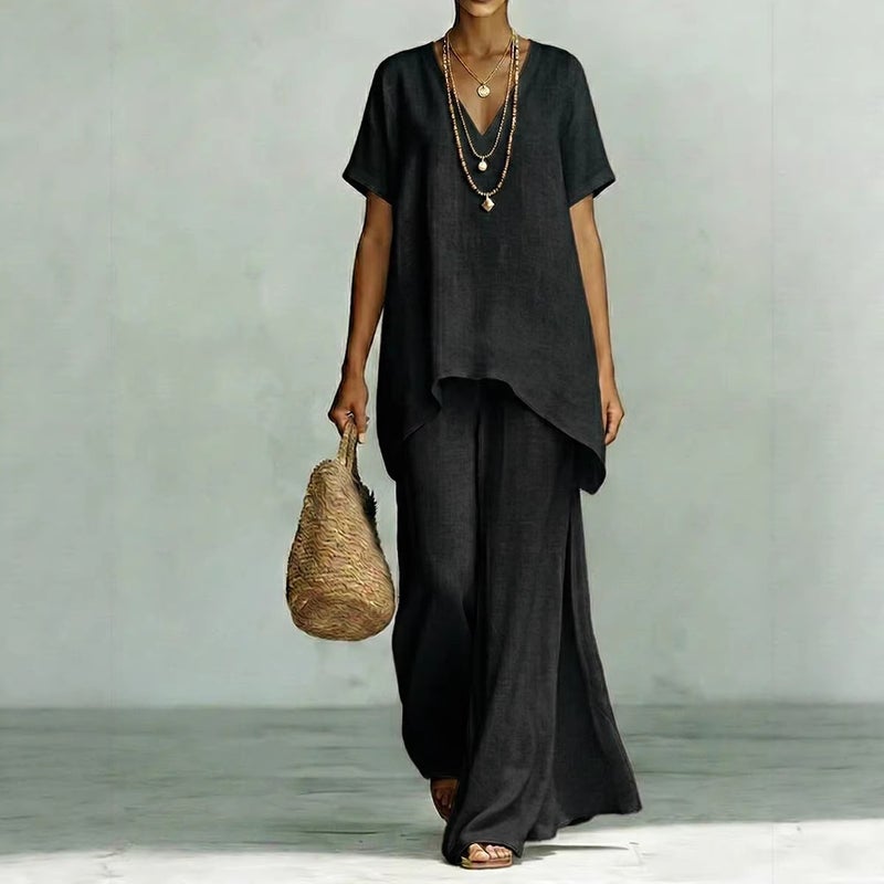 V-Neck Summer Short-Sleeve Two-Piece Women''s Set, Solid Color Loose Top and Wide-Leg Pants, and Independent Site - Image 5