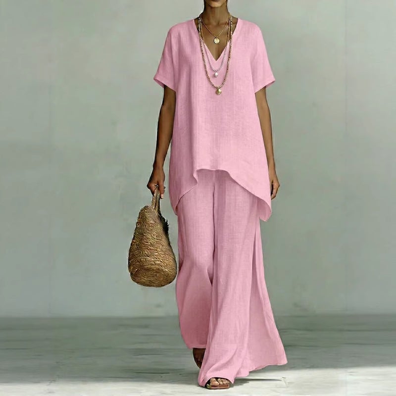 V-Neck Summer Short-Sleeve Two-Piece Women''s Set, Solid Color Loose Top and Wide-Leg Pants, and Independent Site - Image 3