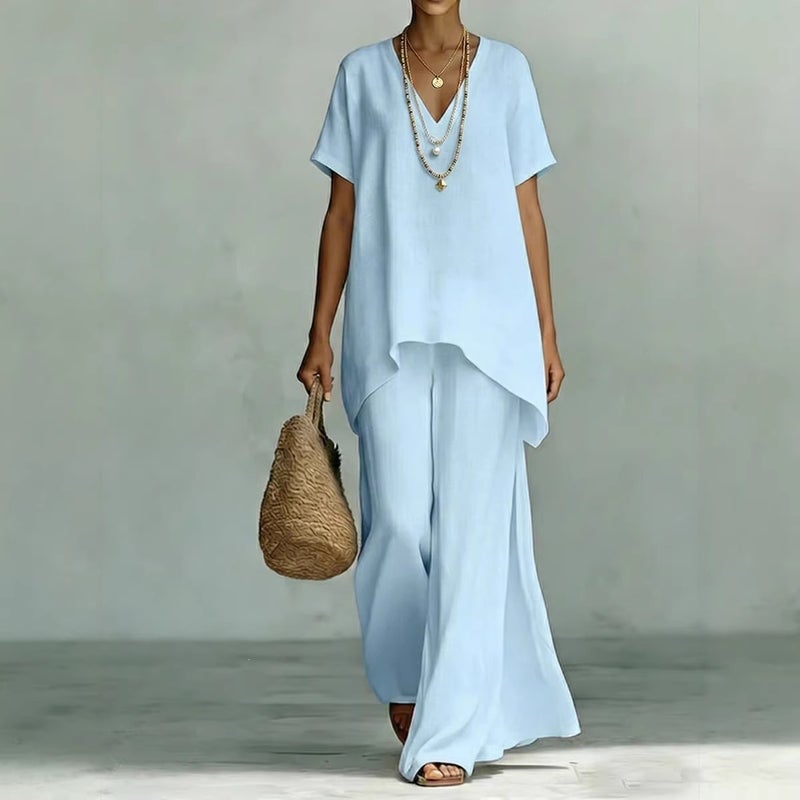 V-Neck Summer Short-Sleeve Two-Piece Women''s Set, Solid Color Loose Top and Wide-Leg Pants, and Independent Site - Image 2