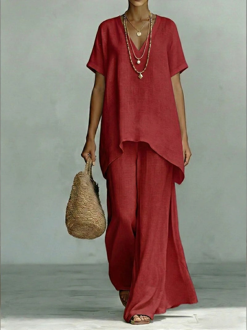 V-Neck Summer Short-Sleeve Two-Piece Women''s Set, Solid Color Loose Top and Wide-Leg Pants, and Independent Site - Image 1