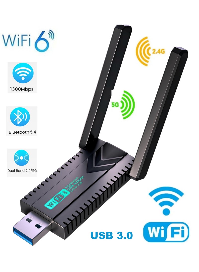 USB 3.0 WiFi Adapter for Desktop PC, 1300Mbps Dual Band 2.4/5GHz with Bluetooth 5.4 Wireless Network Adapter, Plug & Play, WiFi Adapter for PC Desktop Laptop Windows 11/10 Driver-Free - Image 1