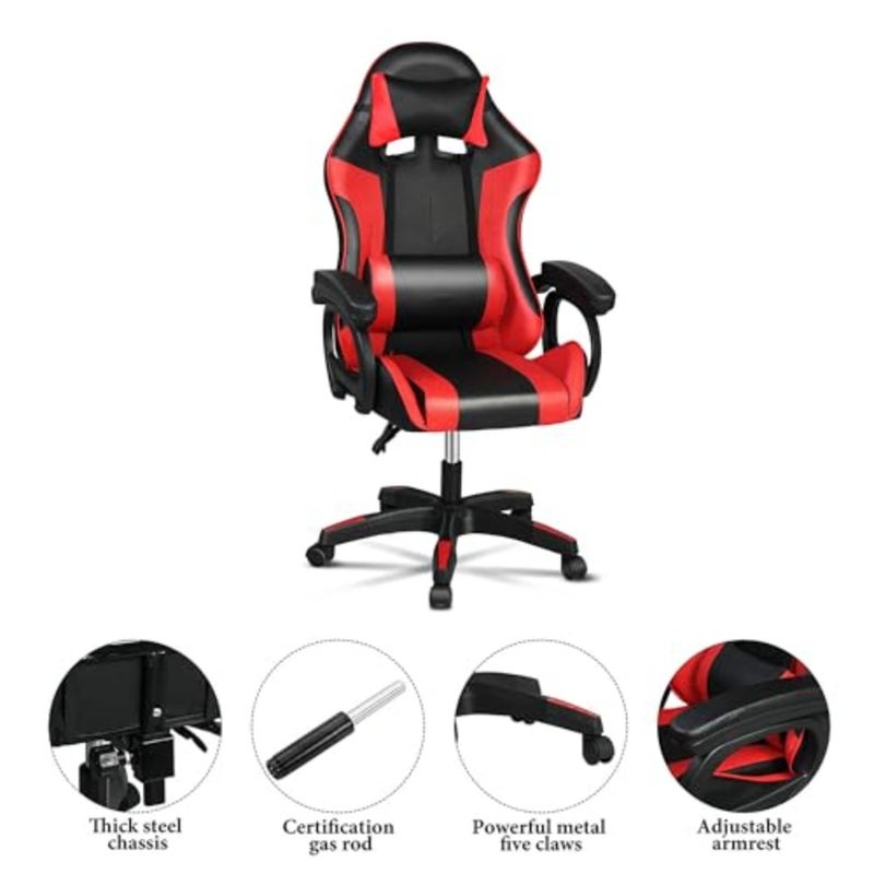 Gaming Chair for PC Office Use, PU Leather, Red, Adjustable Ergonomic Design with Lumbar Support, Comfortable Armrest and Headrest - Image 5