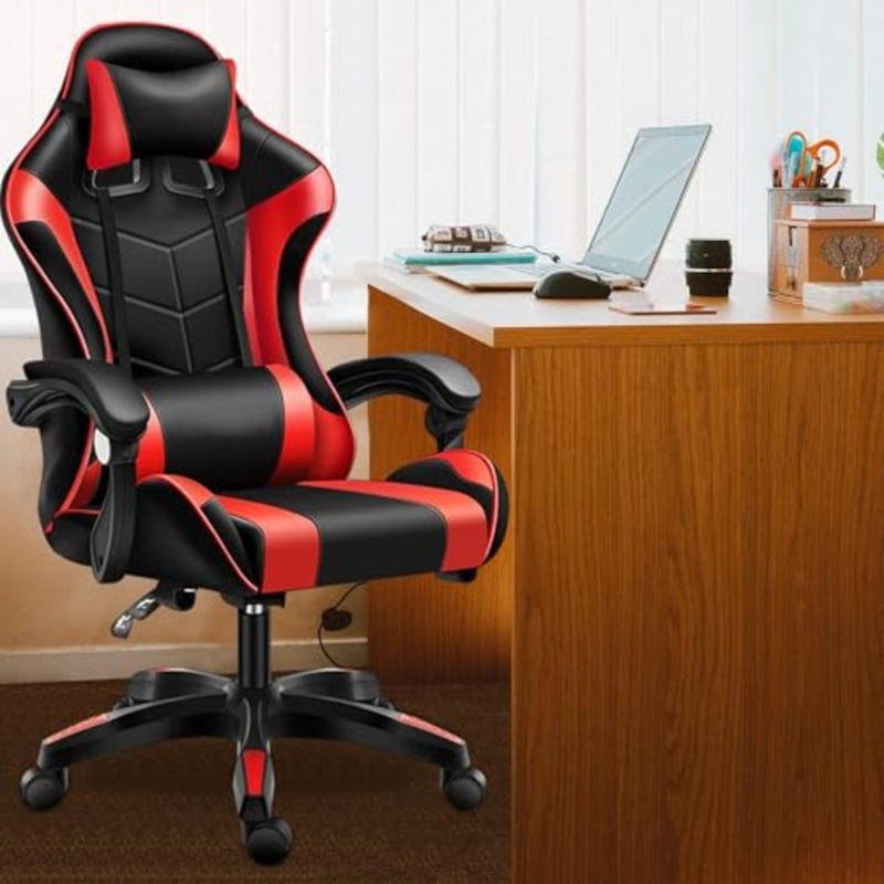 Gaming Chair for PC Office Use, PU Leather, Red, Adjustable Ergonomic Design with Lumbar Support, Comfortable Armrest and Headrest - Image 2