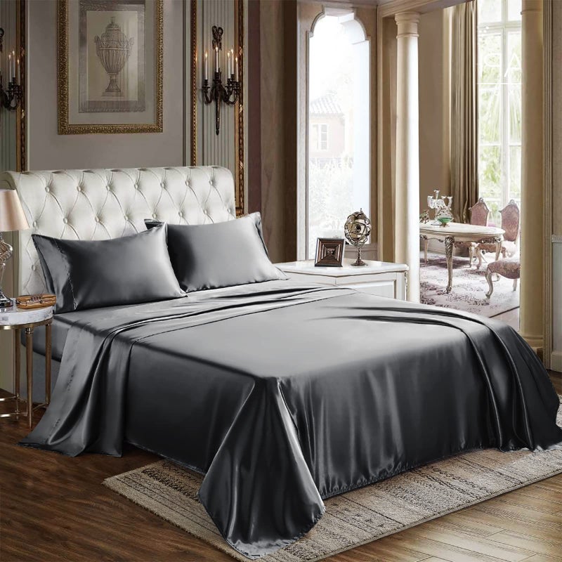 CozyLux Satin Sheets Twin Size  3 Piece Dark Grey Bed Sheet Set with Silky Microfiber 1 Deep Pocket Fitted Sheet 1 Flat Sheet and 1 Pillowcase  Smooth and Soft
