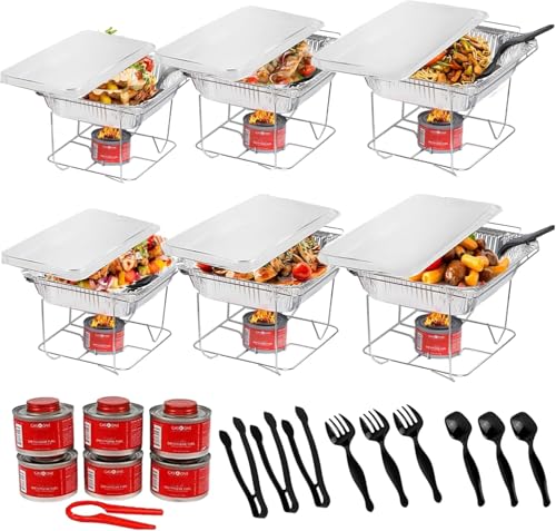 Alpha Living 6 Pack  Disposable Chafing Dish Buffet Set Half Size Pans Welded Body Food Warmers for Parties Fuel Cans Complete Set Warming Trays - Image 1
