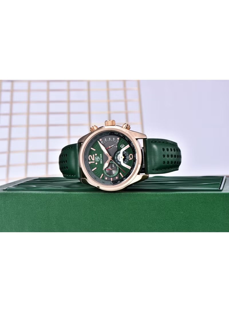 BENYAR Watches for Men Luxury Quartz Water Resistant Watch Men's Chronograph Genuine Leather Strap 5171 Green Dawn Clock - Image 5