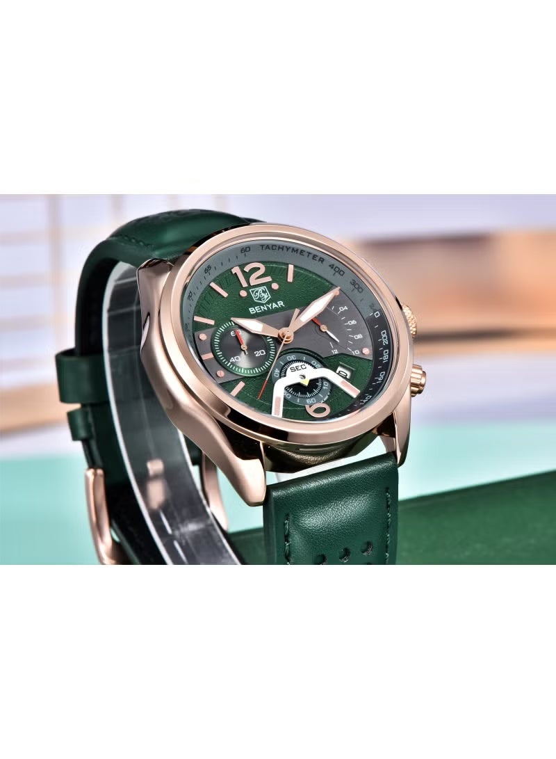 BENYAR Watches for Men Luxury Quartz Water Resistant Watch Men's Chronograph Genuine Leather Strap 5171 Green Dawn Clock - Image 3