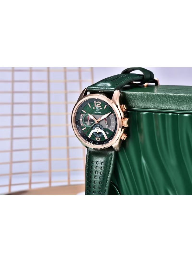 BENYAR Watches for Men Luxury Quartz Water Resistant Watch Men's Chronograph Genuine Leather Strap 5171 Green Dawn Clock - Image 4