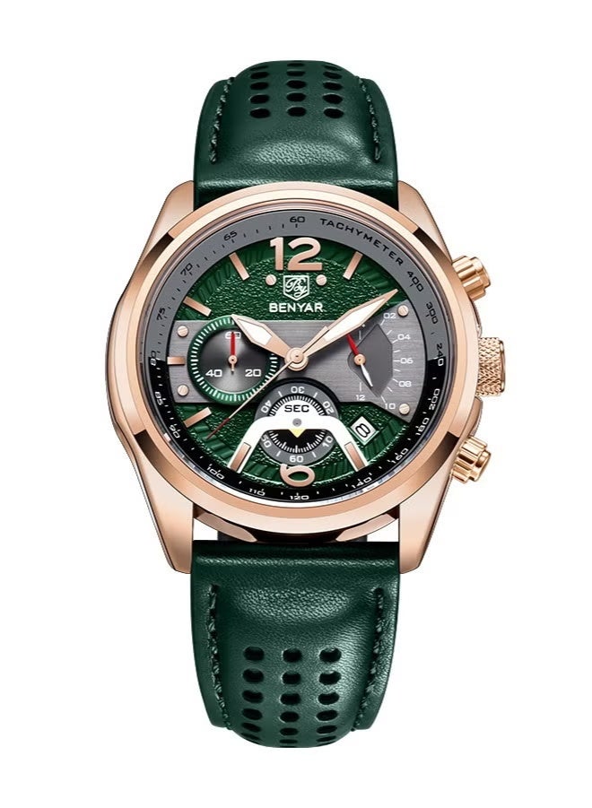 BENYAR Watches for Men Luxury Quartz Water Resistant Watch Men's Chronograph Genuine Leather Strap 5171 Green Dawn Clock - Image 1