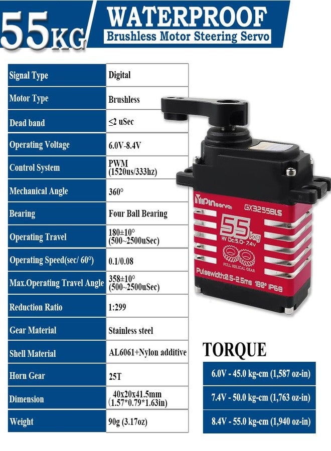 Stemedu RC Hobby Servo 55KG Brushless Servo Motor High Torque Digital Waterproof Servo for RC Cars, Airplanes, Helicopters - 6.0-8.4V 180° Rotation, 25T Horn Included - Image 5