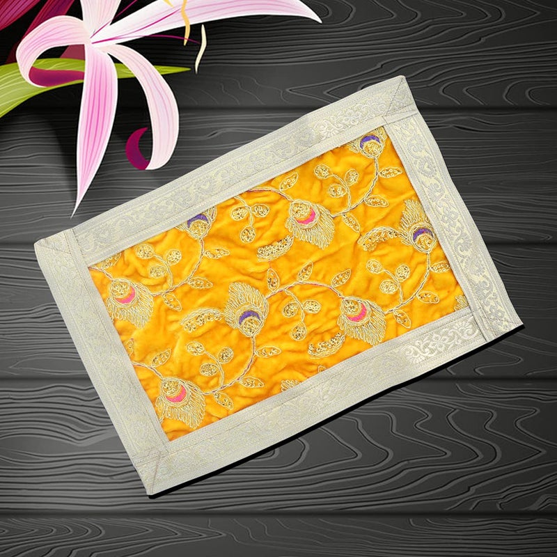 Shoppersduniya Shreebhakti Yellow Velvet Designer Aasan for Puja Cloth Mandir Temple Home Office Base Chowki Special Decor  - Image 1