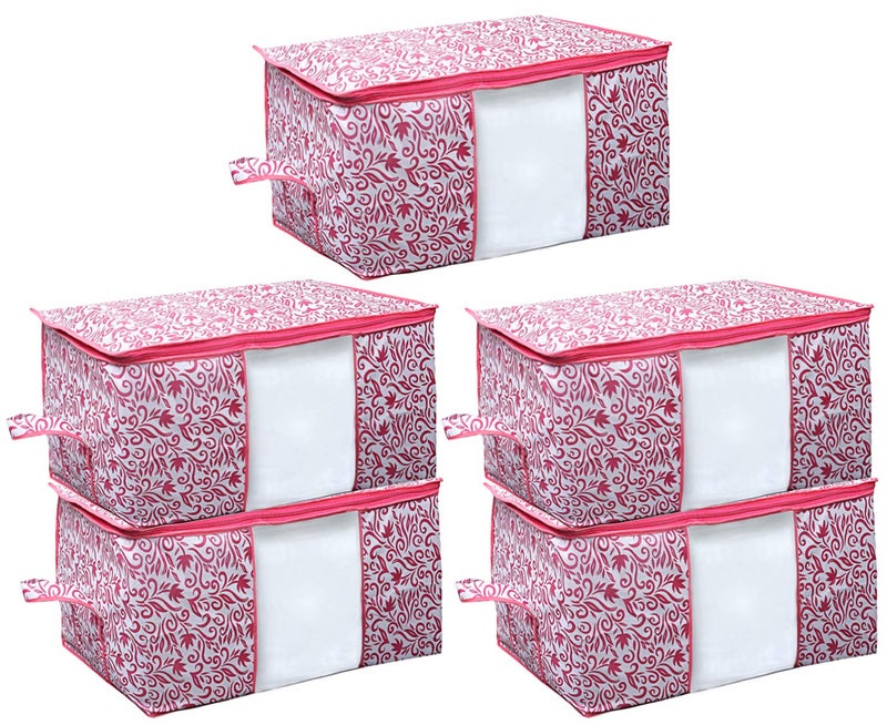 Kuber Industries Leaf Design Non Woven 5 Pieces Underbed Storage Bag Storage Organiser Blanket Cover PinkCTKTC025732 - Image 1