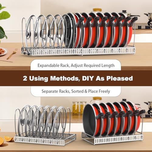 Housolution Pot and Pan Organizer Rack for Cabinet, Stainless Steel Expandable Pot Lid Organizer with 14 Adjustable Dividers, Pot and Pan Holder Rack Storage Organizer for Kitchen, Silver - Image 4