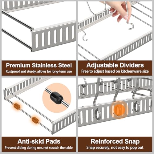 Housolution Pot and Pan Organizer Rack for Cabinet, Stainless Steel Expandable Pot Lid Organizer with 14 Adjustable Dividers, Pot and Pan Holder Rack Storage Organizer for Kitchen, Silver - Image 3
