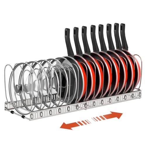 Housolution Pot and Pan Organizer Rack for Cabinet, Stainless Steel Expandable Pot Lid Organizer with 14 Adjustable Dividers, Pot and Pan Holder Rack Storage Organizer for Kitchen, Silver - Image 1