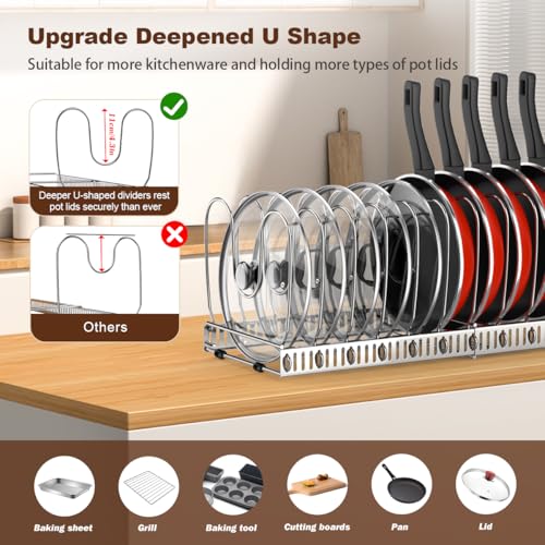 Housolution Pot and Pan Organizer Rack for Cabinet, Stainless Steel Expandable Pot Lid Organizer with 14 Adjustable Dividers, Pot and Pan Holder Rack Storage Organizer for Kitchen, Silver - Image 2