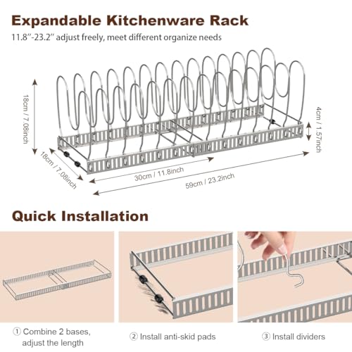 Housolution Pot and Pan Organizer Rack for Cabinet, Stainless Steel Expandable Pot Lid Organizer with 14 Adjustable Dividers, Pot and Pan Holder Rack Storage Organizer for Kitchen, Silver - Image 5