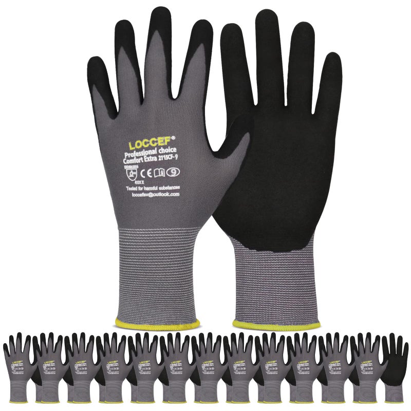LOCCEF Work Gloves MicroFoam Nitrile Coated12 PairsSeamless Knit Nylon GlovesGray Work gloves 11XXL Gary12 Pairs