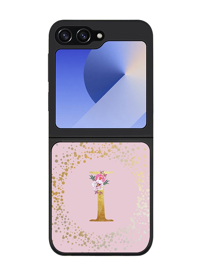 Rugged Black edge case for Samsung Galaxy Z Flip6, Slim fit Case Flexible Cover - Custom Monogram Initial Letter Floral Pattern Alphabet - I (Pink )