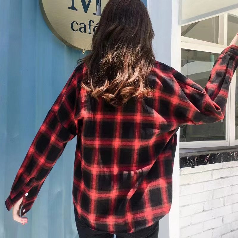 Shirt Men And Women Couple Same Style Outer Wear Slim Korean Style Cardigan Plaid Lapel Shirt Plaid Casual Long Sleeve Shirt