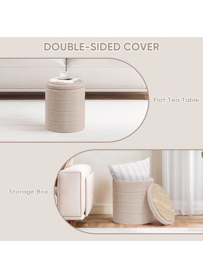 PINPLUS Round Storage Ottoman Foot Rest Stool with Tray Velvet Sherpa Folding Storage Ottoman,Boucle Foot Rest for Living Room, Bedroom, Dorm（Beige） - Image 4