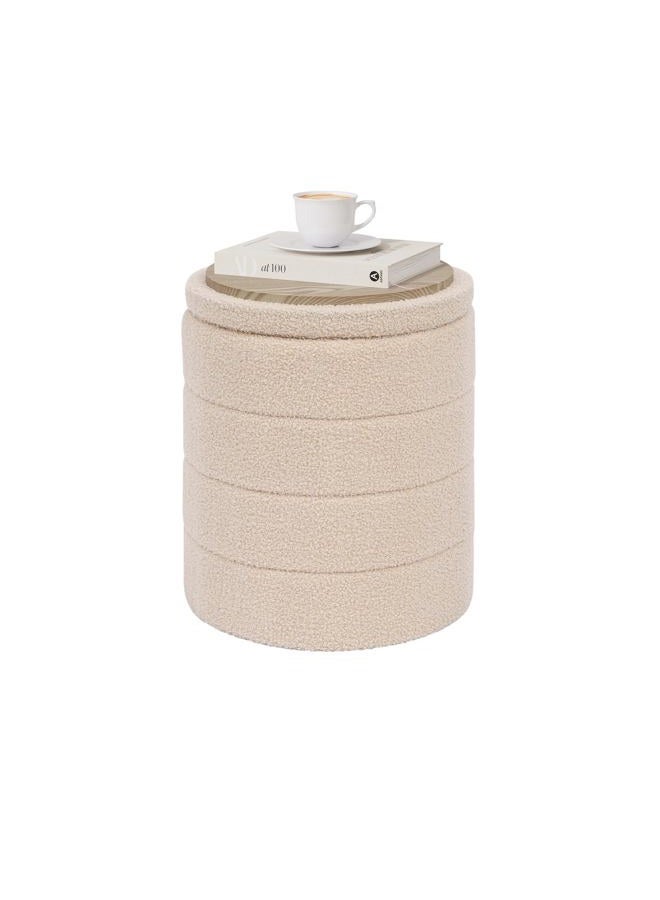 PINPLUS Round Storage Ottoman Foot Rest Stool with Tray Velvet Sherpa Folding Storage Ottoman,Boucle Foot Rest for Living Room, Bedroom, Dorm（Beige） - Image 1