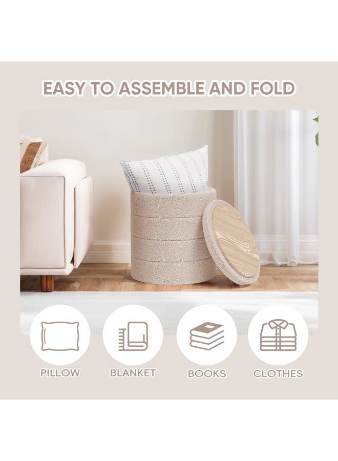 PINPLUS Round Storage Ottoman Foot Rest Stool with Tray Velvet Sherpa Folding Storage Ottoman,Boucle Foot Rest for Living Room, Bedroom, Dorm（Beige） - Image 2