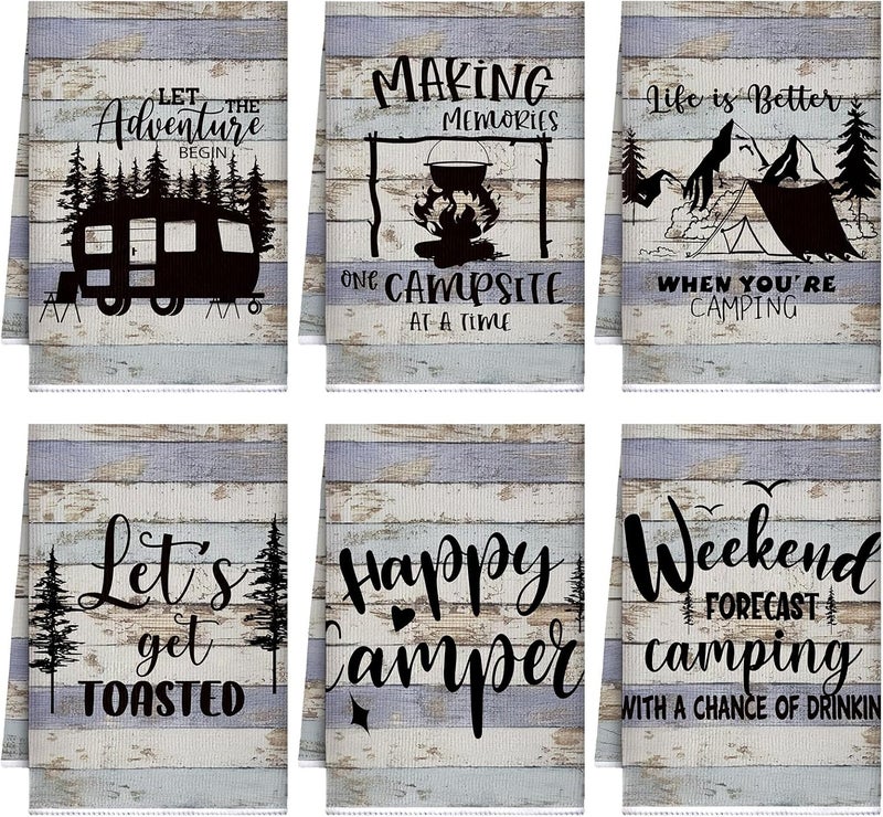 Boyiee Set of 6 Camping Kitchen Towels Happy Camper Tea Towels Absorbent Farmhouse Dish Towels with Funny Sayings 24 x 16 Inches Camping Hand Towels for RV Campers Lovers Gifts Accessories Decorations - Image 1
