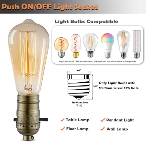 EMNOOTI Lamp Socket with Push ON/Off Switch,Medium Screw Push Socket,Floor and Table Lamp Switch Parts,Twist Knob Light Socket Replacement,UL Listed (Antique Brass, 2) - Image 4