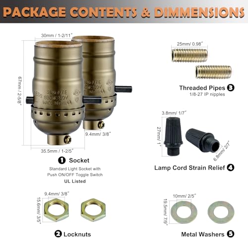 EMNOOTI Lamp Socket with Push ON/Off Switch,Medium Screw Push Socket,Floor and Table Lamp Switch Parts,Twist Knob Light Socket Replacement,UL Listed (Antique Brass, 2) - Image 5