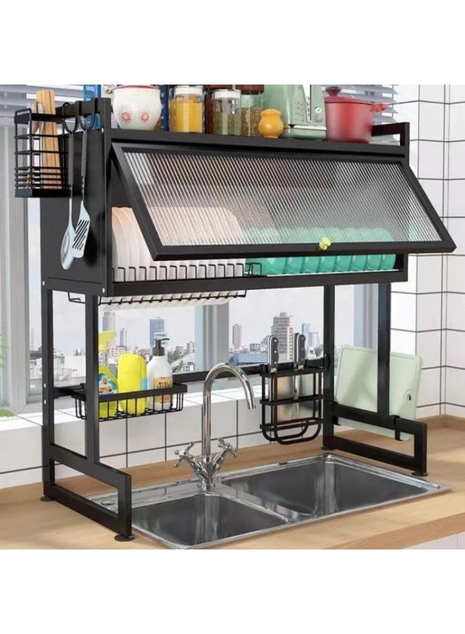 eBasket Over-the-sink dish drying rack - Large dish drying rack with folding door cabinet, stainless steel dish drainer, and black kitchen sink organizer - Image 1