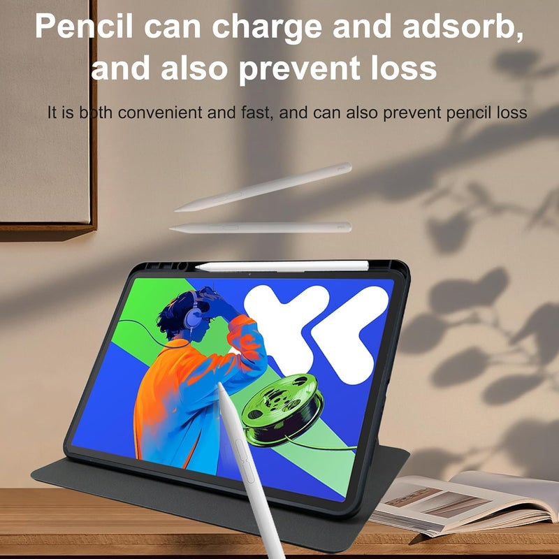 كاست ويف غطاء جلدي من البولي يوريثان لجهاز شاومي ريدمي باد 2 مع حامل دوار وفتحة للقلم، جراب مقاوم للصدمات للكمبيوتر اللوحي بفتحات دقيقة، جلد بولي يوريثان + أكريليك شفاف، أسود - Image 2