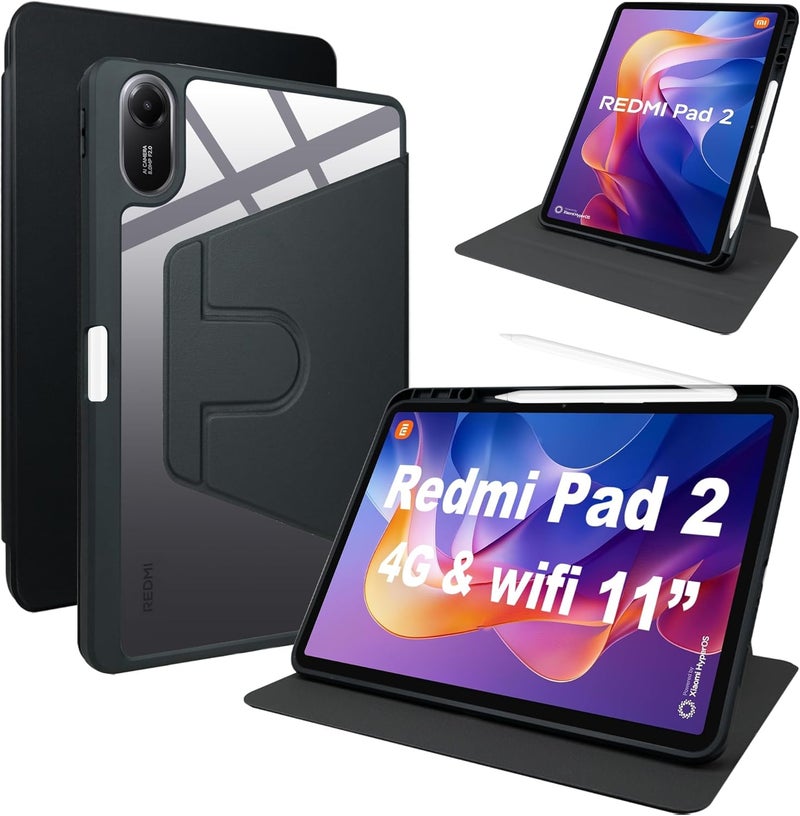 كاست ويف غطاء جلدي من البولي يوريثان لجهاز شاومي ريدمي باد 2 مع حامل دوار وفتحة للقلم، جراب مقاوم للصدمات للكمبيوتر اللوحي بفتحات دقيقة، جلد بولي يوريثان + أكريليك شفاف، أسود - Image 1