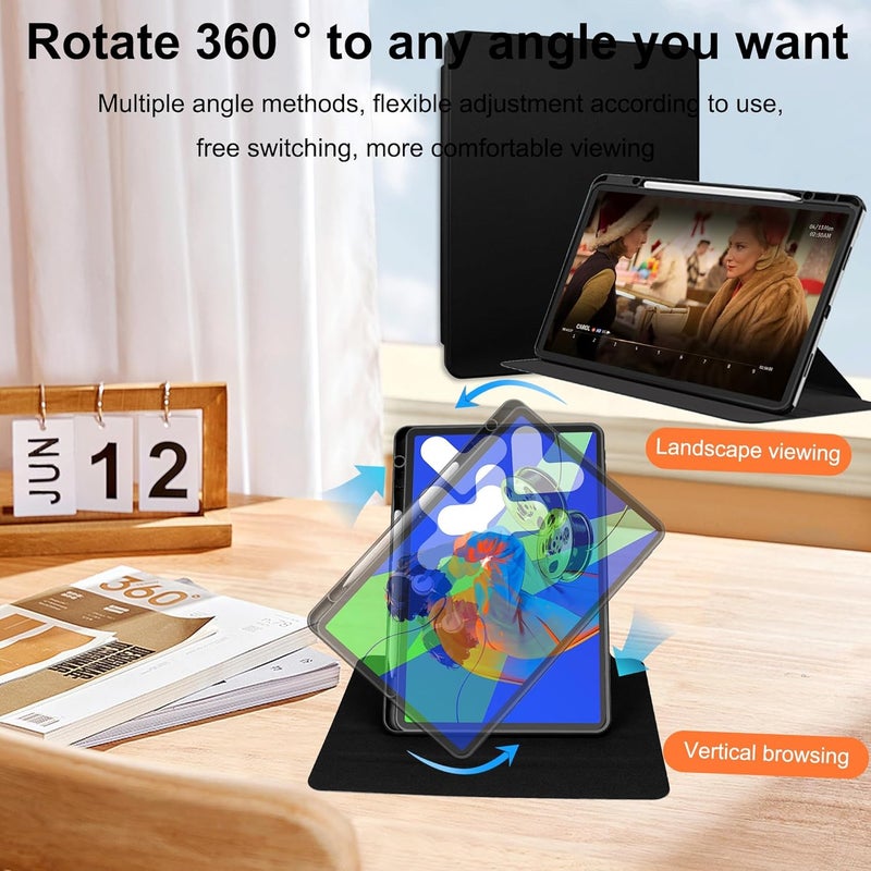 كاست ويف غطاء جلدي من البولي يوريثان لجهاز شاومي ريدمي باد 2 مع حامل دوار وفتحة للقلم، جراب مقاوم للصدمات للكمبيوتر اللوحي بفتحات دقيقة، جلد بولي يوريثان + أكريليك شفاف، أسود - Image 4