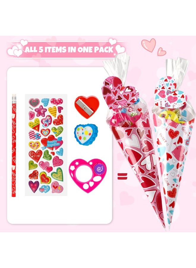 Giiffu Valentine's Day Gifts for Kids-30 Pack Valentines Sweet Cones Shaped Stationery Gift for Classroom, Creative Valentine Exchange Gift Set with Clear Bag Heart Card Pencil Sticker Eraser Sharpener Ruler - Image 3