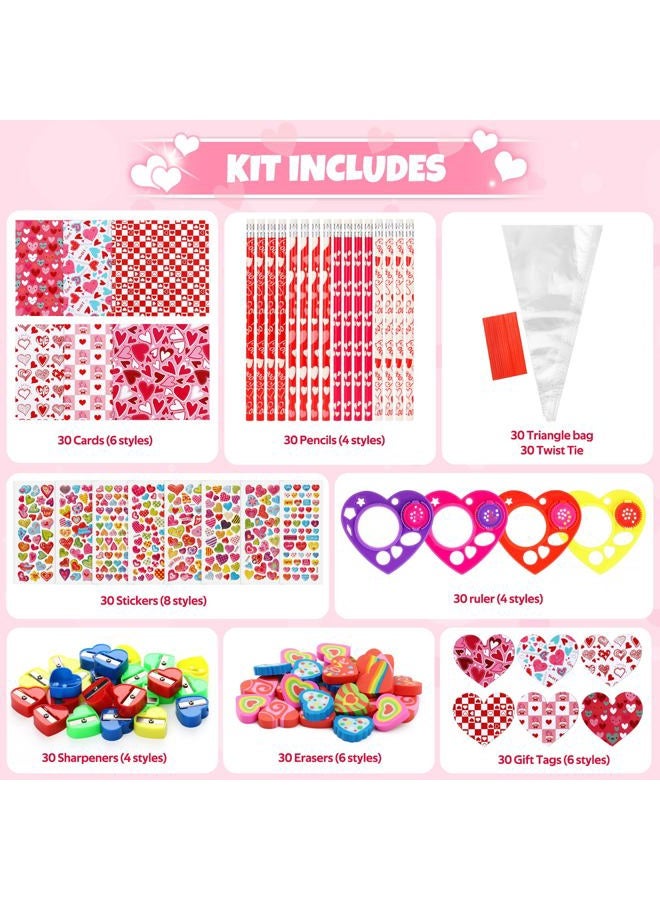 Giiffu Valentine's Day Gifts for Kids-30 Pack Valentines Sweet Cones Shaped Stationery Gift for Classroom, Creative Valentine Exchange Gift Set with Clear Bag Heart Card Pencil Sticker Eraser Sharpener Ruler - Image 4