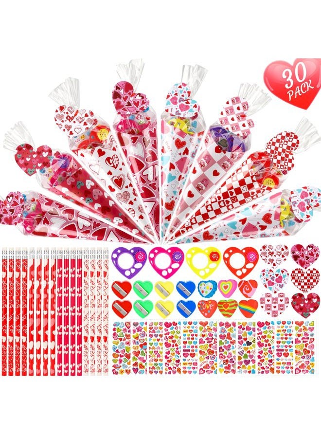 Giiffu Valentine's Day Gifts for Kids-30 Pack Valentines Sweet Cones Shaped Stationery Gift for Classroom, Creative Valentine Exchange Gift Set with Clear Bag Heart Card Pencil Sticker Eraser Sharpener Ruler - Image 1