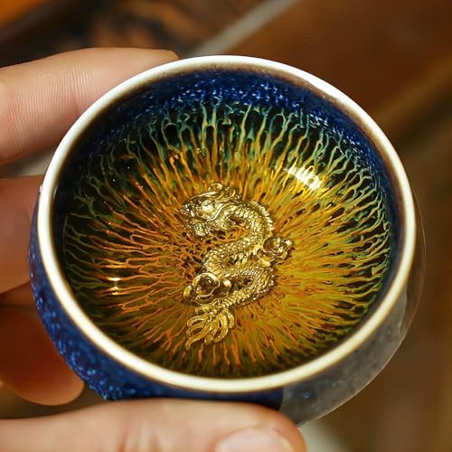 CmengAo Blue Starry Sky Tenmoku Tea Cups, Chinese Dragon Phoenix Couples Tea Cup Set, 3.3 oz Jianzhan Ceramic Small Teacup Asian Kungfu Tea Ceremony Bowls, Set of 2 - Image 5