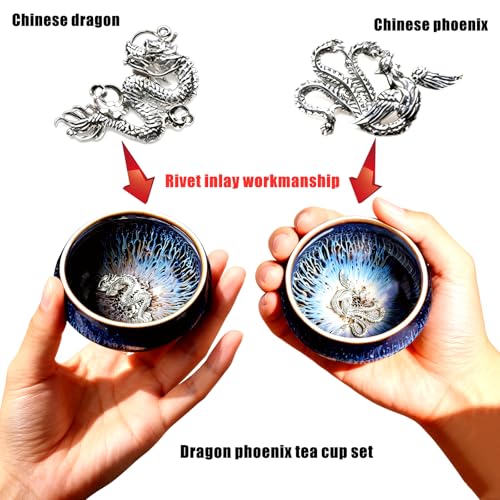 CmengAo Blue Starry Sky Tenmoku Tea Cups, Chinese Dragon Phoenix Couples Tea Cup Set, 3.3 oz Jianzhan Ceramic Small Teacup Asian Kungfu Tea Ceremony Bowls, Set of 2 - Image 4