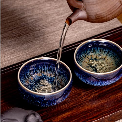 CmengAo Blue Starry Sky Tenmoku Tea Cups, Chinese Dragon Phoenix Couples Tea Cup Set, 3.3 oz Jianzhan Ceramic Small Teacup Asian Kungfu Tea Ceremony Bowls, Set of 2 - Image 2