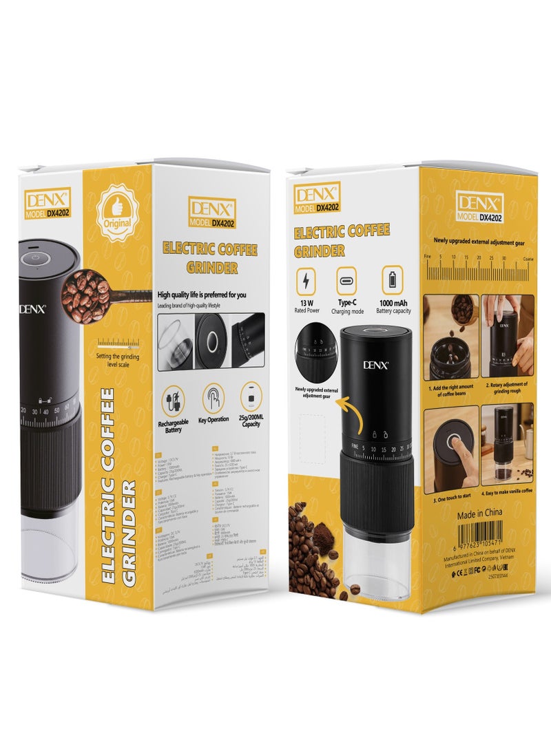 دينكس مطحنة قهوة كهربائية صغيرة محمولة، مطحنة مخروطية الشكل لاسلكية للمكسرات والحبوب والقهوة، اعدادات طحن متعددة مناسبة لماكينة تحضير القهوة الفرنسية والتوابل والاعشاب والمكسرات والحبوب، شحن USB (اسود) - Image 4