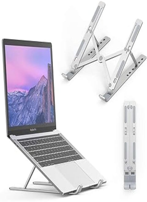 Elekin Laptop Stand, Foldable Aluminium Notebook Stand, Adjustable Universal Laptop Holder for Computer, Compatible for iPad Pro, Notebook, 6 Height Adjustable - Silver