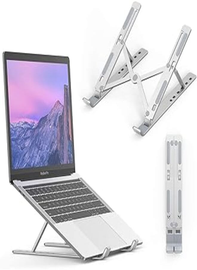 Elekin - Elekin Laptop Stand, Foldable Aluminium Notebook Stand, Adjustable Universal Laptop Holder for Computer, Compatible for iPad Pro, Notebook, 6 Height Adjustable - Silver - Image 1