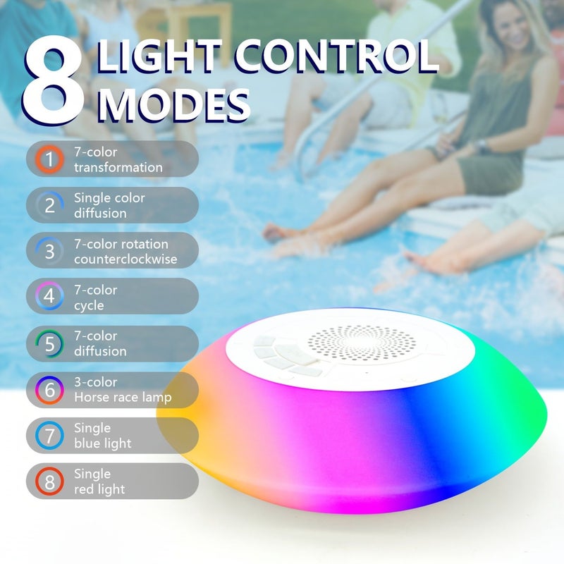 White Floating Pool Speaker With Colorful Lights 8 Modes HD Stereo Sound Built In Mic Hands Free For Shower Home Outdoor - Image 1