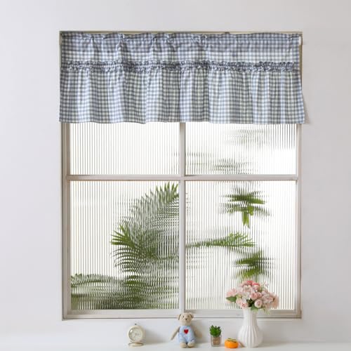 Silnuo Taupe/White Plaid Gingham Ruffle Window Valance Farmhouse Checkered Kithchen Treatment Washed Cotton Decorative Curtain Rod Pocket 52" W x 18" L - Image 1