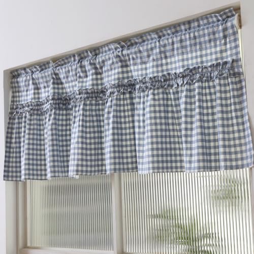 Silnuo Taupe/White Plaid Gingham Ruffle Window Valance Farmhouse Checkered Kithchen Treatment Washed Cotton Decorative Curtain Rod Pocket 52" W x 18" L - Image 2