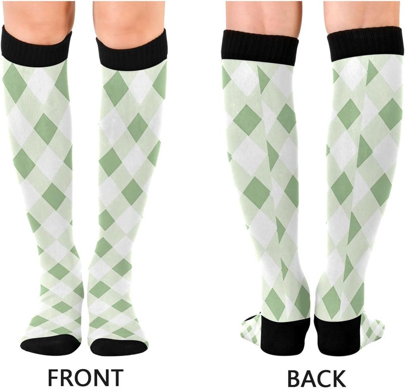Checked Neutral White Men'S Compression Socks Knee High Socks for Nurses Sports - Image 2