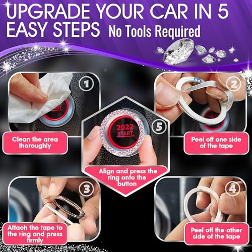 Bling Car Decor Crystal Rhinestone Car Bling Ring Emblem Sticker, Bling Car Accessories for Auto Start Engine Ignition Button Key & Knobs, Bling for Car Interior, Unique Gift for Women (Pink) - Image 5