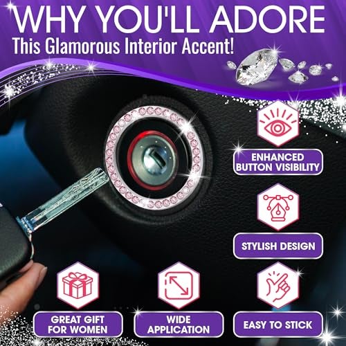 Bling Car Decor Crystal Rhinestone Car Bling Ring Emblem Sticker, Bling Car Accessories for Auto Start Engine Ignition Button Key & Knobs, Bling for Car Interior, Unique Gift for Women (Pink) - Image 4
