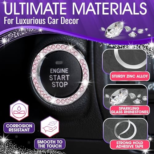 Bling Car Decor Crystal Rhinestone Car Bling Ring Emblem Sticker, Bling Car Accessories for Auto Start Engine Ignition Button Key & Knobs, Bling for Car Interior, Unique Gift for Women (Pink) - Image 2